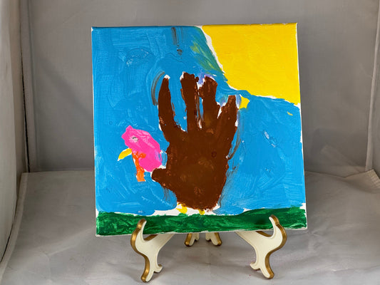 Kid art for sale to help those in need. Pictured "Hand Turkey", Cub Scout Pack 684 (Canvas, 8" x 8")